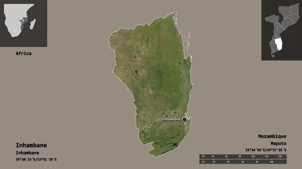 モザンビーク共和国のイナンバーン州とその首都の形 距離スケール プレビューおよびラベル 衛星画像 3Dレンダリング — ストック写真