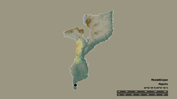 主要な地域部門と分離されたマニカ地域とモザンビークの荒廃した形 ラベル 地形図 3Dレンダリング — ストック写真
