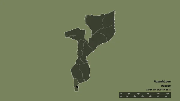主要な地域部門と分離マプト地域とモザンビークの荒廃した形 ラベル 色の標高マップ 3Dレンダリング — ストック写真