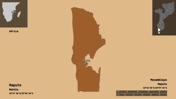 モザンビークのマプト州とその首都の形 距離スケール プレビューおよびラベル 規則的にパターン化されたテクスチャの構成 3Dレンダリング — ストック写真