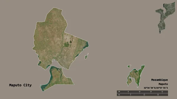 莫桑比克马普托市的形状 其首都在坚实的背景下与世隔绝 距离尺度 区域预览和标签 卫星图像 3D渲染 — 图库照片