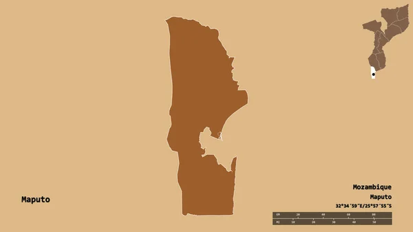 モザンビーク共和国のマプト州の形で その首都はしっかりとした背景に孤立しています 距離スケール リージョンプレビュー およびラベル 規則的にパターン化されたテクスチャの構成 3Dレンダリング — ストック写真