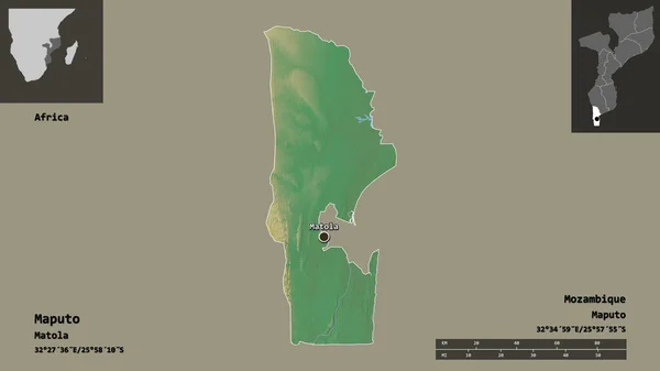 莫桑比克马普托省的形状及其首都 距离刻度 预览和标签 地形浮雕图 3D渲染 — 图库照片