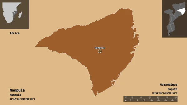 モザンビーク共和国のナンプラ州とその首都の形 距離スケール プレビューおよびラベル 規則的にパターン化されたテクスチャの構成 3Dレンダリング — ストック写真