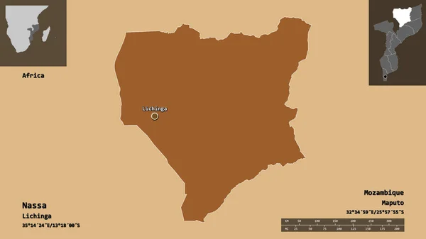 ナサの形 モザンビークの州 およびその首都 距離スケール プレビューおよびラベル 規則的にパターン化されたテクスチャの構成 3Dレンダリング — ストック写真