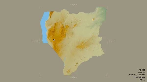 モザンビークのナサ州の地域は 洗練された境界線の箱の中にしっかりとした背景に隔離されています ラベル 地形図 3Dレンダリング — ストック写真