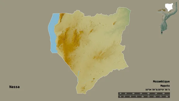 Kształt Nassa Prowincja Mozambiku Stolicą Odizolowaną Solidnym Tle Skala Odległości — Zdjęcie stockowe