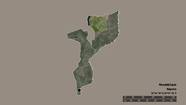 主要な地域部門と分離されたナサ地域とモザンビークの荒廃した形 ラベル 衛星画像 3Dレンダリング — ストック写真