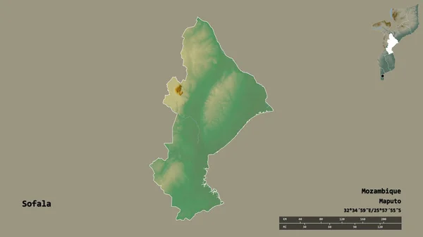 ソファラの形 モザンビークの州 その首都はしっかりとした背景に隔離されています 距離スケール リージョンプレビュー およびラベル 地形図 3Dレンダリング — ストック写真