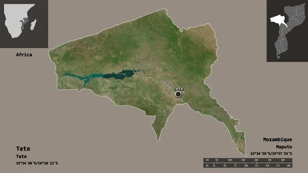 莫桑比克省太特省的形状及其首都 距离刻度 预览和标签 卫星图像 3D渲染 — 图库照片