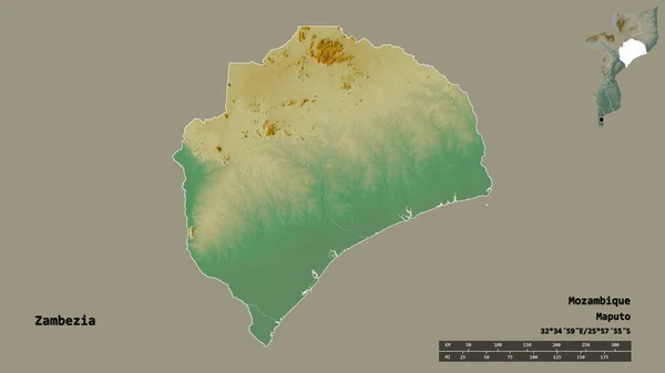莫桑比克赞比西亚省的形状 首都孤立 背景坚实 距离尺度 区域预览和标签 地形浮雕图 3D渲染 — 图库照片
