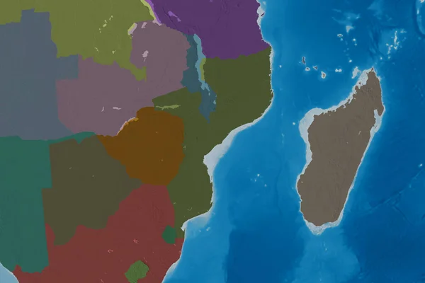 莫桑比克的扩展地区 彩色高程图 3D渲染 — 图库照片