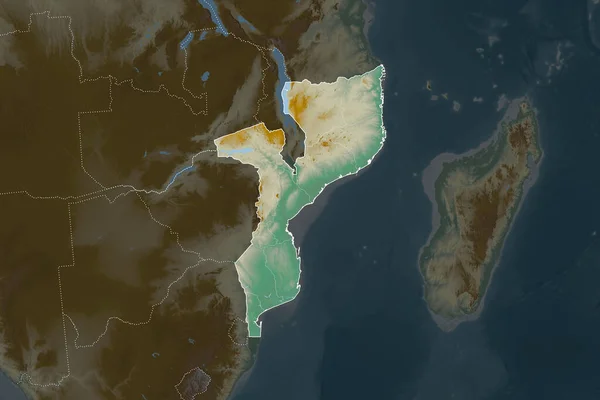 周辺部の砂漠化により分離したモザンビークの形状 国境だ 地形図 3Dレンダリング — ストック写真