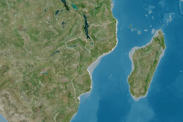 国の概要 国際および地域の国境とモザンビークの拡張領域 衛星画像 3Dレンダリング — ストック写真