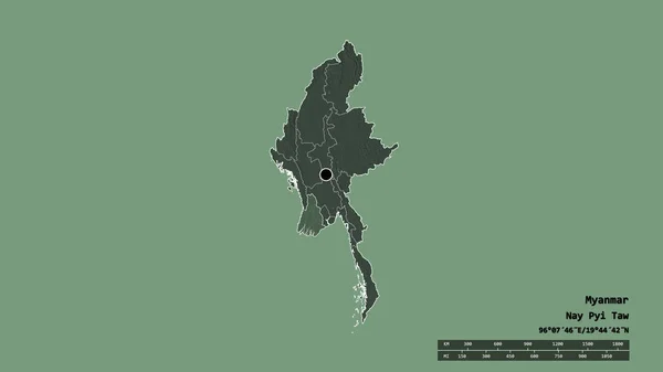 以首都 主要区域分部和独立的Ayeyarwady地区为首都的缅甸的绝望状态 彩色高程图 3D渲染 — 图库照片