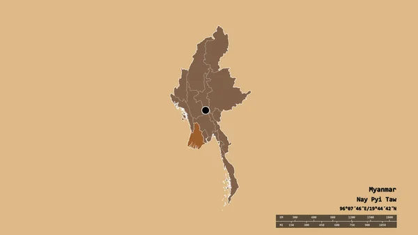 Forme Désaturée Myanmar Avec Capitale Principale Division Régionale Région Séparée — Photo