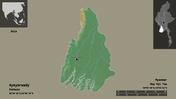 Ayeyarwadyの形 ミャンマーの部門 そしてその首都 距離スケール プレビューおよびラベル 地形図 3Dレンダリング — ストック写真