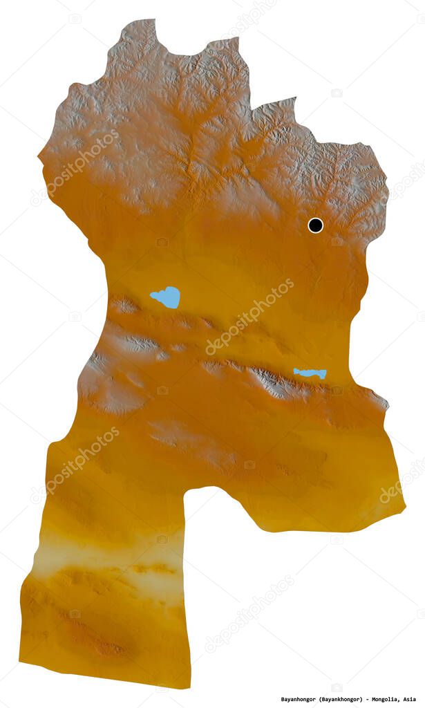 Shape of Bayanhongor, province of Mongolia, with its capital isolated on white background. Topographic relief map. 3D rendering