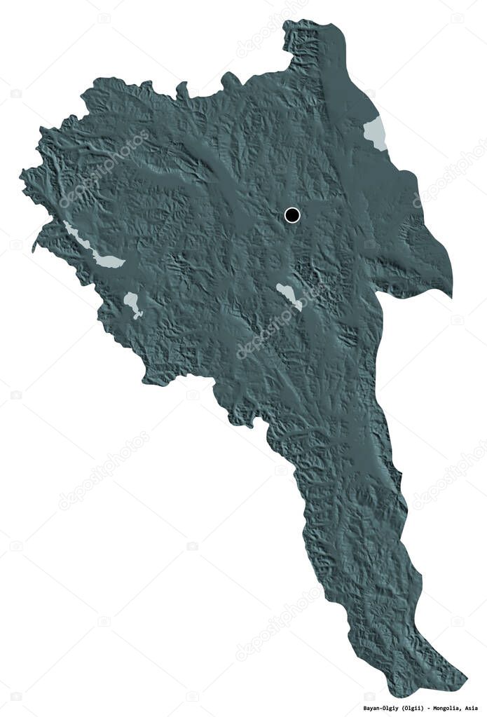 Shape of Bayan-Olgiy, province of Mongolia, with its capital isolated on white background. Colored elevation map. 3D rendering