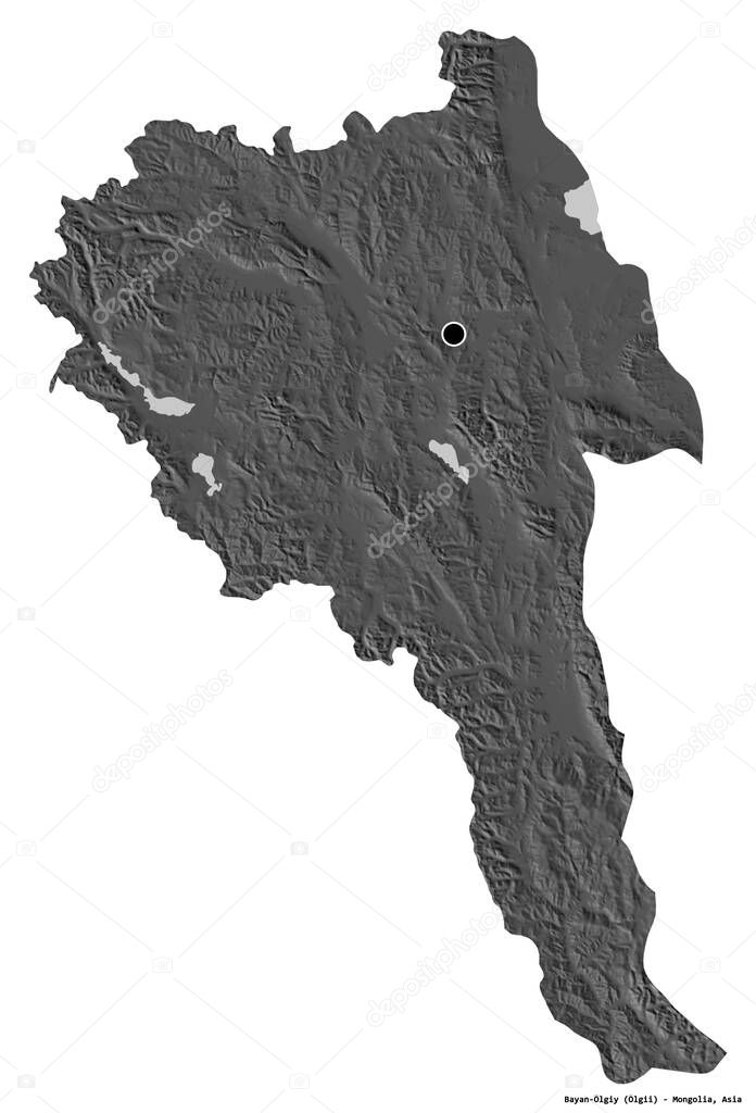 Shape of Bayan-Olgiy, province of Mongolia, with its capital isolated on white background. Bilevel elevation map. 3D rendering