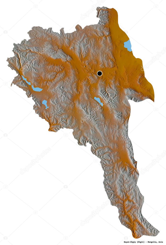 Shape of Bayan-Olgiy, province of Mongolia, with its capital isolated on white background. Topographic relief map. 3D rendering