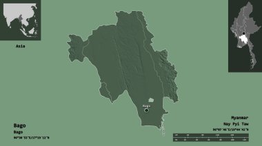 Bago 'nun şekli, Myanmar' ın bölünmesi ve başkenti. Uzaklık ölçeği, ön gösterimler ve etiketler. Renkli yükseklik haritası. 3B görüntüleme