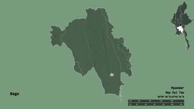 Bago 'nun şekli, Myanmar' ın bölünmesi, sermayesi sağlam arka planda izole edilmiş. Uzaklık ölçeği, bölge önizlemesi ve etiketleri. Renkli yükseklik haritası. 3B görüntüleme