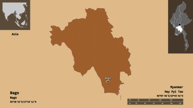 Bago 'nun şekli, Myanmar' ın bölünmesi ve başkenti. Uzaklık ölçeği, ön gösterimler ve etiketler. Düzenli desenli dokuların bileşimi. 3B görüntüleme