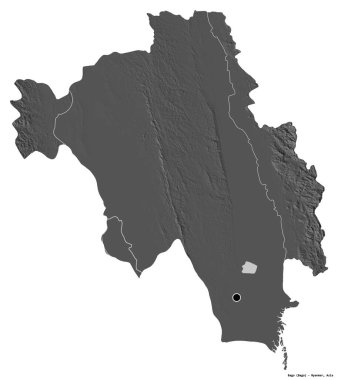 Bago 'nun şekli, Myanmar' ın bölünmesi, başkenti beyaz arka planda izole edilmiş. Çift seviyeli yükseklik haritası. 3B görüntüleme