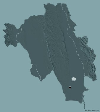 Bago 'nun şekli, Myanmar' ın bölünmesi, başkenti katı bir renk arkaplanı ile izole edilmiş. Renkli yükseklik haritası. 3B görüntüleme