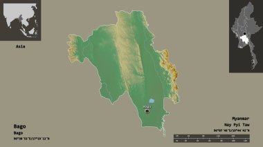 Bago 'nun şekli, Myanmar' ın bölünmesi ve başkenti. Uzaklık ölçeği, ön gösterimler ve etiketler. Topografik yardım haritası. 3B görüntüleme