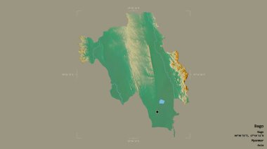 Bago bölgesi, Myanmar 'ın bölümü, jeoreferatlı bir sınır kutusunda sağlam bir arka planda izole edilmiş. Etiketler. Topografik yardım haritası. 3B görüntüleme