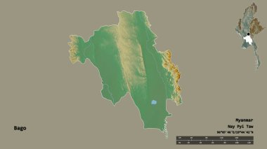 Bago 'nun şekli, Myanmar' ın bölünmesi, sermayesi sağlam arka planda izole edilmiş. Uzaklık ölçeği, bölge önizlemesi ve etiketleri. Topografik yardım haritası. 3B görüntüleme