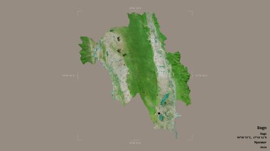 Bago bölgesi, Myanmar 'ın bölümü, jeoreferatlı bir sınır kutusunda sağlam bir arka planda izole edilmiş. Etiketler. Uydu görüntüleri. 3B görüntüleme