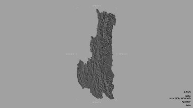 Chin bölgesi, Myanmar eyaleti, sağlam bir arka planda izole edilmiş bir sınır kutusunda. Etiketler. Çift seviyeli yükseklik haritası. 3B görüntüleme