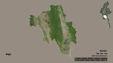 Bago 'nun şekli, Myanmar' ın bölünmesi, sermayesi sağlam arka planda izole edilmiş. Uzaklık ölçeği, bölge önizlemesi ve etiketleri. Uydu görüntüleri. 3B görüntüleme