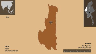 Chin 'in şekli, Myanmar eyaleti ve başkenti. Uzaklık ölçeği, ön gösterimler ve etiketler. Düzenli desenli dokuların bileşimi. 3B görüntüleme