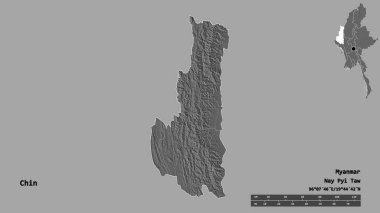 Chin 'in şekli, Myanmar eyaleti, sermayesi sağlam arka planda izole edilmiş. Uzaklık ölçeği, bölge önizlemesi ve etiketleri. Çift seviyeli yükseklik haritası. 3B görüntüleme