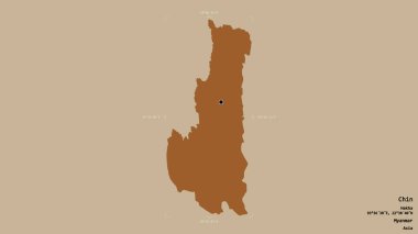 Chin bölgesi, Myanmar eyaleti, sağlam bir arka planda izole edilmiş bir sınır kutusunda. Etiketler. Desenli dokuların bileşimi. 3B görüntüleme