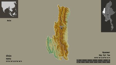 Chin 'in şekli, Myanmar eyaleti ve başkenti. Uzaklık ölçeği, ön gösterimler ve etiketler. Topografik yardım haritası. 3B görüntüleme
