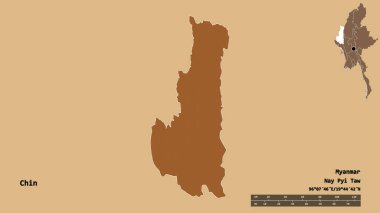 Chin 'in şekli, Myanmar eyaleti, sermayesi sağlam arka planda izole edilmiş. Uzaklık ölçeği, bölge önizlemesi ve etiketleri. Düzenli desenli dokuların bileşimi. 3B görüntüleme