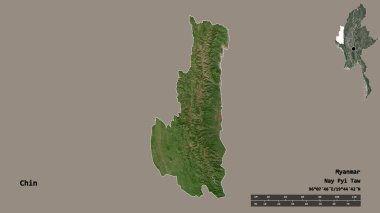 Chin 'in şekli, Myanmar eyaleti, sermayesi sağlam arka planda izole edilmiş. Uzaklık ölçeği, bölge önizlemesi ve etiketleri. Uydu görüntüleri. 3B görüntüleme