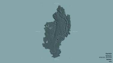 Kachin bölgesi, Myanmar eyaleti, katı bir arka planda izole edilmiş bir sınır kutusunda. Etiketler. Renkli yükseklik haritası. 3B görüntüleme