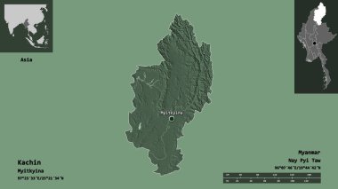 Kachin 'in şekli, Myanmar eyaleti ve başkenti. Uzaklık ölçeği, ön gösterimler ve etiketler. Renkli yükseklik haritası. 3B görüntüleme