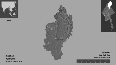 Kachin 'in şekli, Myanmar eyaleti ve başkenti. Uzaklık ölçeği, ön gösterimler ve etiketler. Çift seviyeli yükseklik haritası. 3B görüntüleme