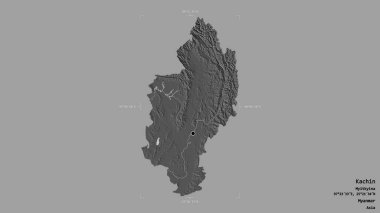 Kachin bölgesi, Myanmar eyaleti, katı bir arka planda izole edilmiş bir sınır kutusunda. Etiketler. Çift seviyeli yükseklik haritası. 3B görüntüleme