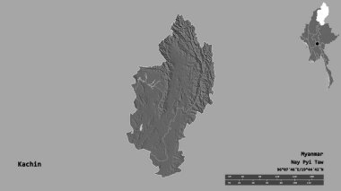 Kachin 'in şekli, Myanmar eyaleti, sermayesi sağlam arka planda izole edilmiş. Uzaklık ölçeği, bölge önizlemesi ve etiketleri. Çift seviyeli yükseklik haritası. 3B görüntüleme