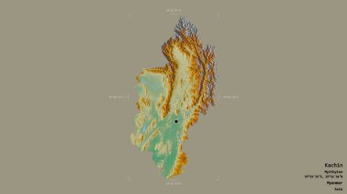 Kachin bölgesi, Myanmar eyaleti, katı bir arka planda izole edilmiş bir sınır kutusunda. Etiketler. Topografik yardım haritası. 3B görüntüleme