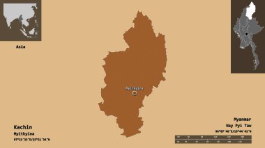 Kachin 'in şekli, Myanmar eyaleti ve başkenti. Uzaklık ölçeği, ön gösterimler ve etiketler. Düzenli desenli dokuların bileşimi. 3B görüntüleme