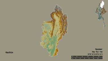Kachin 'in şekli, Myanmar eyaleti, sermayesi sağlam arka planda izole edilmiş. Uzaklık ölçeği, bölge önizlemesi ve etiketleri. Topografik yardım haritası. 3B görüntüleme